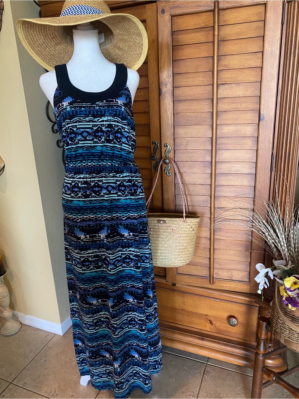 No Boundaries Black and Blue Aztec Print Maxi Dress